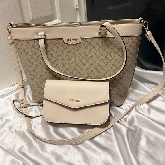 Nine West Handbags - Nine West Beige Logo Tote Bag + Crossbody Large + Tan Small Bag